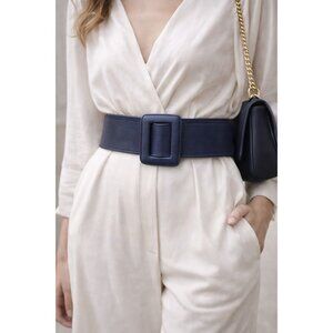 ZAPA Wide Navy Blue Leather Belt Size S Square Buckle 100% Calfskin France